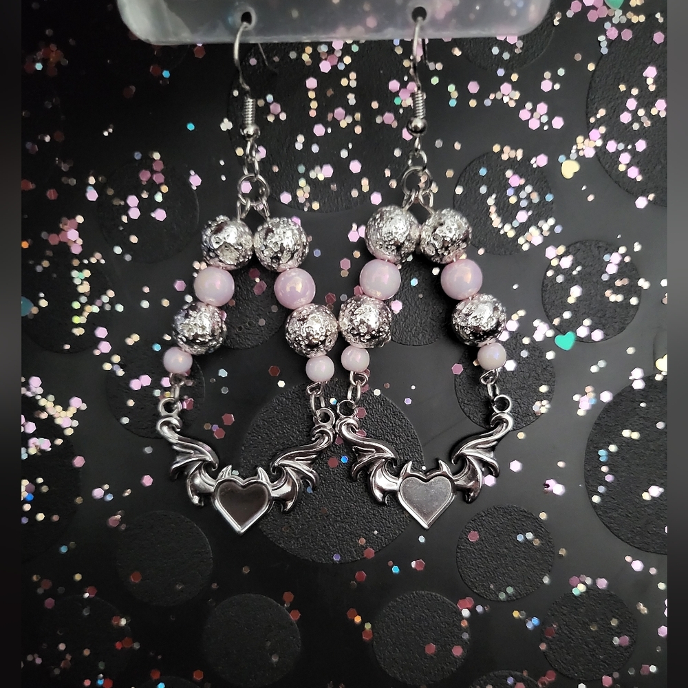 Silver and Pink Heart Wing Earrings
